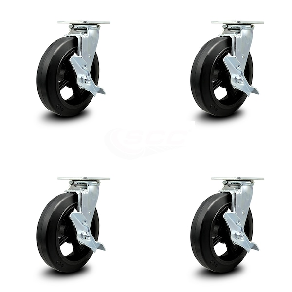 8 Inch Rubber on Steel Swivel Caster Set with Ball Bearings and Brakes SCC
